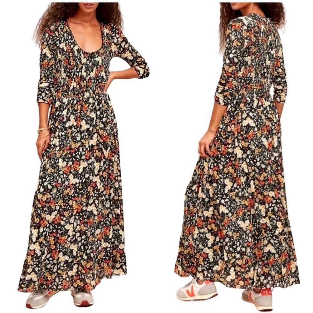 MAEVE by Anthropologie FLORAL PRINT SMOCKED BODICE 3/4 SLEEVE MAXI DRESS